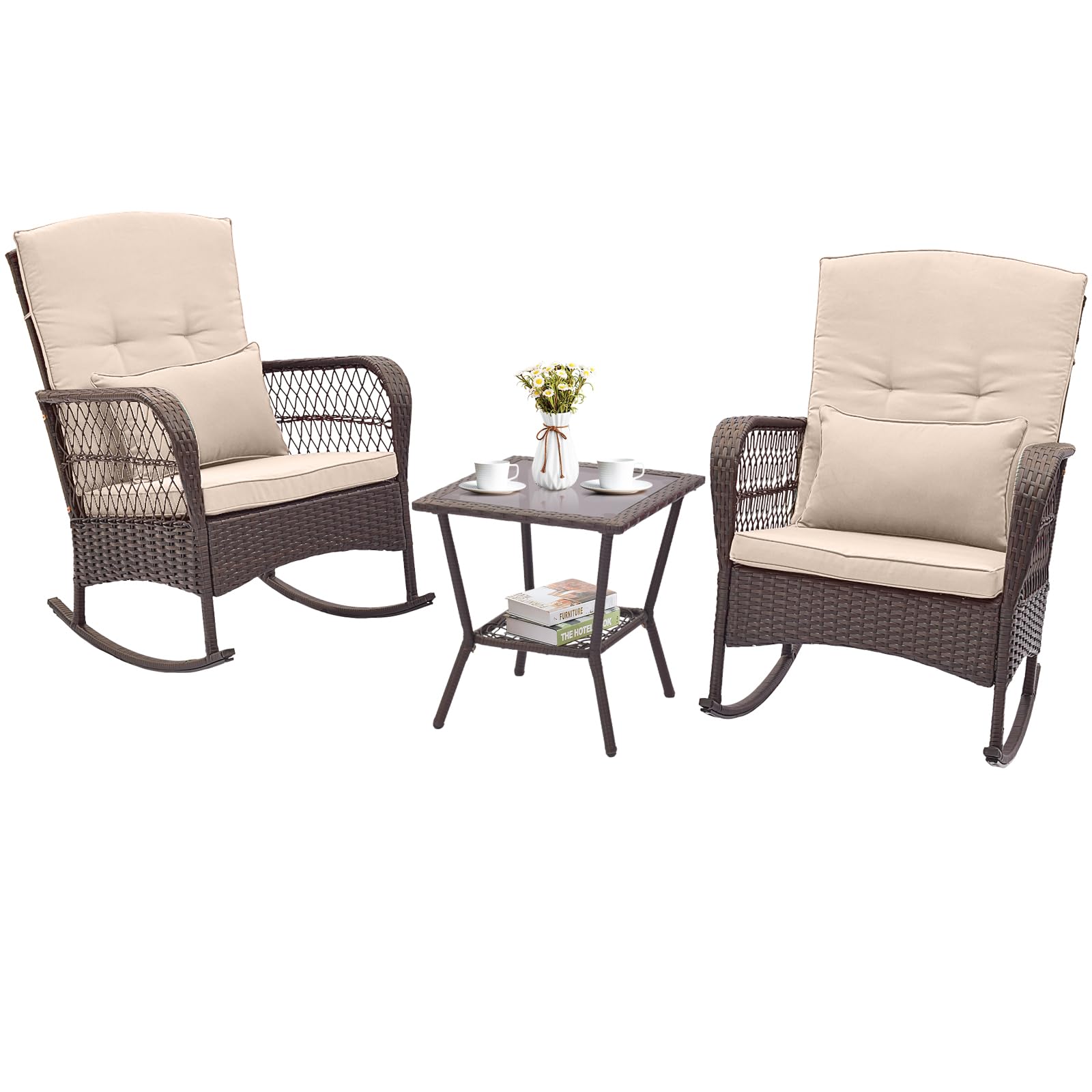 Tangkula Ensemble de 3 Meubles à Bascule pour Patio, Chaises à Bascule en Osier Extérieur Patiojoy avec Table Basse à Double Plateau
